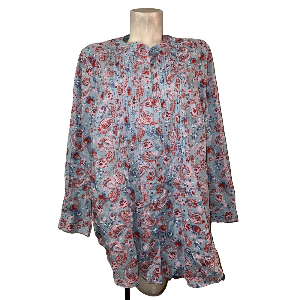 Woman Within Blue‎ Paisley Pintuck Tunic Blouse Top 1X 22/24 Long Sleeve Cotton